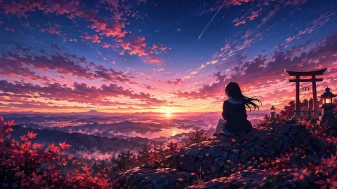 Autumn Sunset in the Mountains — Nano Banana 2 AI Prompt: An anime-style illustration of a young woman with long dark hair wearing a dark...