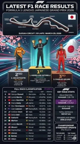 F1 Race Results Infographic — Nano Banana 2 AI Prompt: { "type": "sports infographic", "theme": "Formula 1 Race Results", "header": { "...