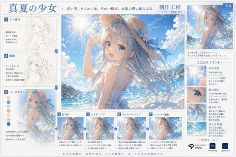 Anime Art Production Process — Nano Banana 2 AI Prompt: { "type": "digital art production process infographic", "header": { "title": "真...