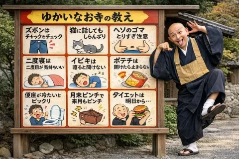 Funny Monk Temple Signboard — Nano Banana 2 AI Prompt: { "type": "photograph", "setting": "outdoor temple grounds with gravel and folia...