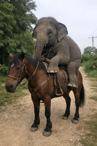 Elephant Riding Horse — Nano Banana 2 AI Prompt: A photorealistic, slightly amateur-style photograph of a small young elephant si...
