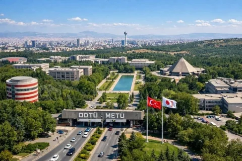 University Campus Aerial — Nano Banana 2 AI Prompt: An aerial drone photograph of a sprawling, lush green university campus on a sun...