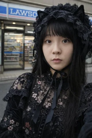 Gothic Convenience Selfie — Nano Banana 2 AI Prompt: A photorealistic close-up portrait of a young Japanese woman wearing a black Got...