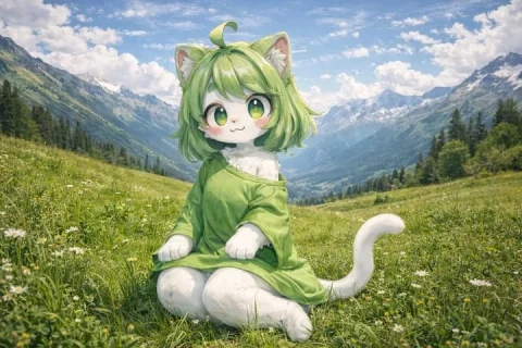 Alpine Meadow Cat-Girl — Nano Banana 2 AI Prompt: A cute anthropomorphic cat-girl with white fur, short green hair, a prominent ah...