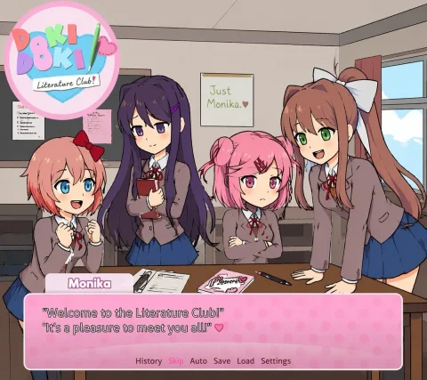 Visual Novel Classroom — Nano Banana 2 AI Prompt: A visual novel screenshot of an anime-style classroom scene featuring exactly fo...