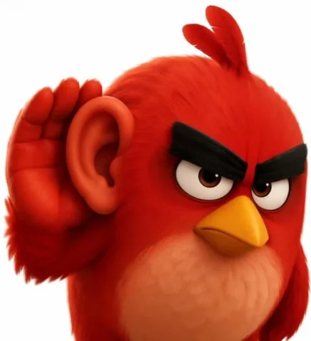 Listening Red Bird — Nano Banana 2 AI Prompt: A high-quality 3D CGI render of a round, fluffy red bird character resembling Re...
