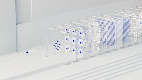 Glass Data Pipeline — Nano Banana 2 AI Prompt: A clean, minimalist 3D render visualizing a neural network data processing pipel...