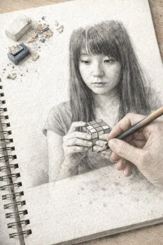 Trompe L’oeil Sketchbook — Nano Banana 2 AI Prompt: A hyper-realistic trompe l'oeil image of a spiral-bound sketchbook resting on a...