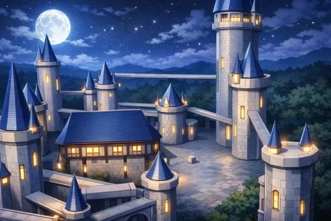 Moonlit Fantasy Castle — Nano Banana 2 AI Prompt: A high-quality anime background art illustration of a sprawling fantasy castle c...