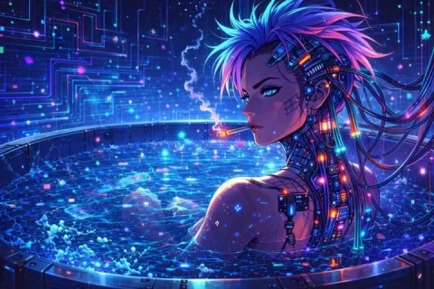Neon Cyberpunk Tub — Nano Banana 2 AI Prompt: A highly detailed anime-style digital illustration of a cyberpunk female charact...