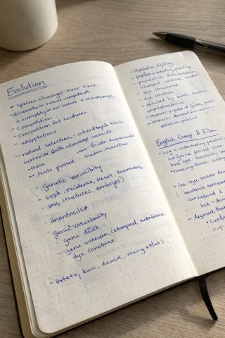 Handwritten Study Notes — Nano Banana 2 AI Prompt: A realistic photo of an open dotted notebook lying flat, filled with dense handw...