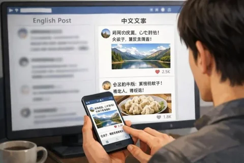 Dual-Screen Social Feed — Nano Banana 2 AI Prompt: A realistic over-the-shoulder shot of a person with dark hair wearing a grey shi...