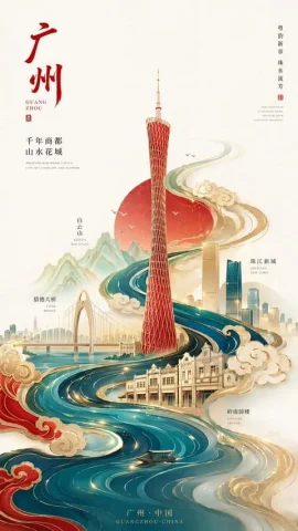 Neo-Chinese City Poster — Nano Banana 2 AI Prompt: 新中式极简风格高端城市海报，9:16竖版构图，以广州为核心主题，画面中心为抽象几何化...