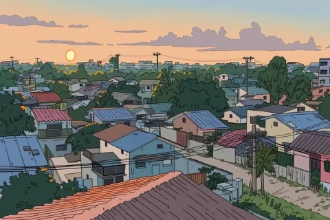 Ligne Claire Suburb Sunset — Nano Banana 2 AI Prompt: A detailed ligne claire comic illustration of a sprawling suburban neighborhood...