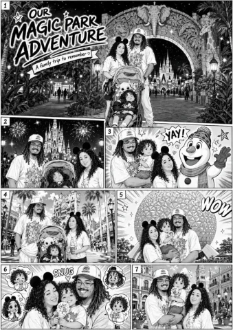 Disney Family Manga Scene — Nano Banana 2 AI Prompt: Using these images as reference can you make a MANGA of me, my wife, and our son...