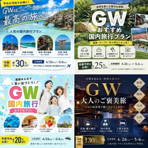 Travel Ad Four-Grid Variations — Nano Banana 2 AI Prompt: 広告クリエイティブ制作、ゴールデンウィーク用の旅行プランの広告を2x2グリッドで4パ...