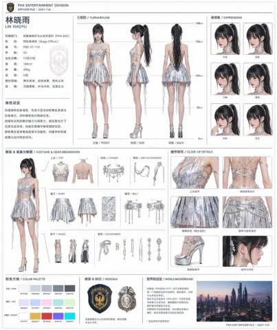 Official Character Reference Sheet — Nano Banana 2 AI Prompt: 基于这个角色和背景， 请创建一份像官方设定资料一样的角色表。 ・包含正面、侧面、背...