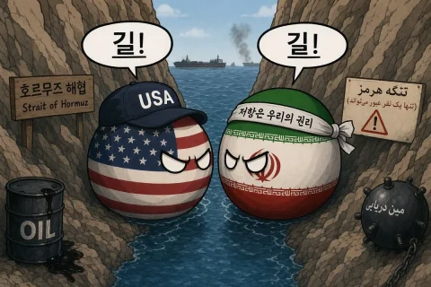 Countryball Standoff at the Strait of Hormuz — Nano Banana 2 AI Prompt: A detailed satirical countryball meme illustration of the Strait of Hormuz as a...