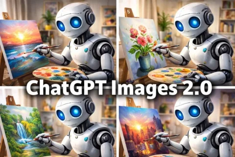 Robot Artist Painting Collage Ad — GPT Image 2.5 AI Prompt: {"type":"promotional collage illustration","subject":{"main":"cute white humanoi...