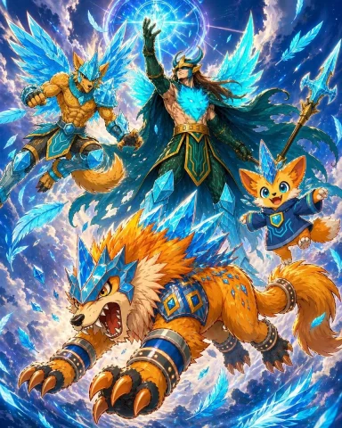 Epic Norse Sky Warrior with Crystal Beast Companions — Nano Banana 2 AI Prompt: A dynamic high-fantasy anime illustration in a vertical poster composition, show...