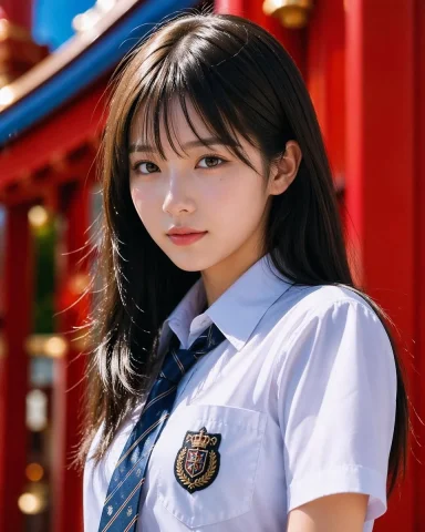 Photorealistic School Uniform Portrait at Red Shrine — Nano Banana 2 AI Prompt: A photorealistic waist-up portrait of a young woman standing outdoors in bright...