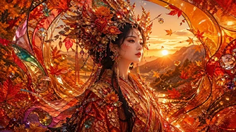 Resplendent Autumn Queen at Sunset — Nano Banana 2 AI Prompt: A hyper-luxurious fantasy portrait of an elegant woman in side profile, centered...