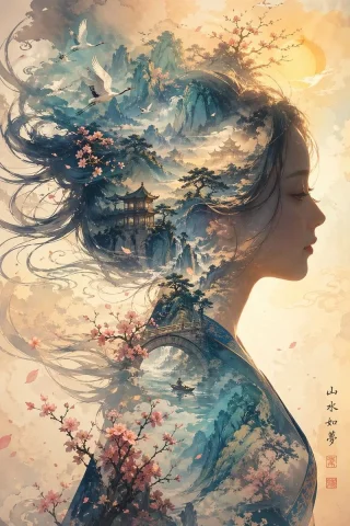 Dreamy Shanshui Landscape Woman Silhouette — Nano Banana 2 AI Prompt: A dreamy East Asian ink-and-watercolor fantasy illustration of a woman's side-pr...