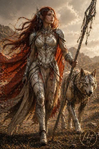 Fierce Fantasy Female Warrior with Wolf — Nano Banana 2 AI Prompt: A cinematic fantasy portrait of a fierce female warrior walking forward across a...