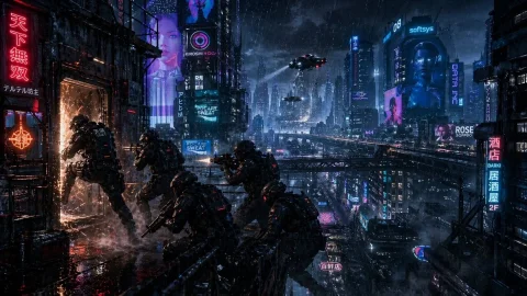 Cyberpunk Rooftop Raid Action — Nano Banana 2 AI Prompt: A cinematic cyberpunk night raid on a rain-soaked rooftop balcony in a dense fut...