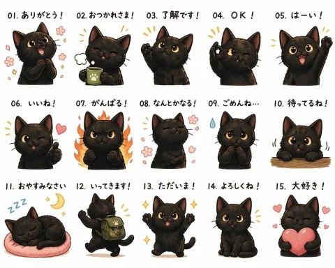 Cute Black Kitten Japanese Sticker Sheet — Nano Banana 2 AI Prompt: {"type":"cute sticker sheet illustration","subject":{"species":"black kitten","s...
