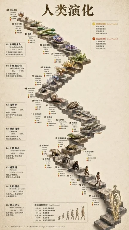 3D Stone-Staircase Evolutionary Timeline Infographic