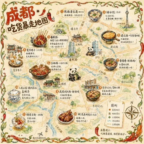 Chengdu Foodie's Hand-Drawn Illustrated Map — Nano Banana 2 AI Prompt: { "type": "illustrated map infographic", "style": "watercolor and ink hand-d...