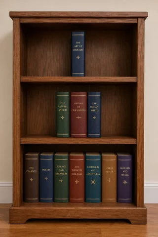 Wooden Bookshelf Prompt Test — Nano Banana 2 AI Prompt: A wooden bookshelf consisting of three shelves: On the top shelf, there should b...