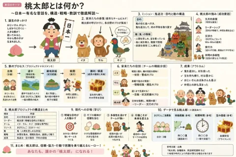 Momotaro Explainer Slide — Nano Banana 2 AI Prompt: Fuse the warm, friendly atmosphere of "Irasutoya" with the overwhelming informat...
