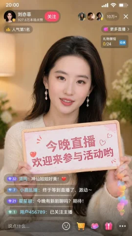 Liu Yifei Douyin Livestream Screenshot — Nano Banana 2 AI Prompt: Aspect ratio 9:16 — generate a Douyin livestream screenshot showing Liu Yifei go...