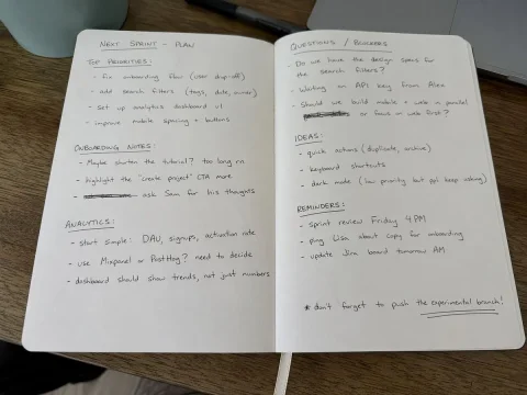 Handwritten Notebook Photo — Nano Banana 2 AI Prompt: Amateur photo of an open notebook lying flat, filled with handwritten notes in b...