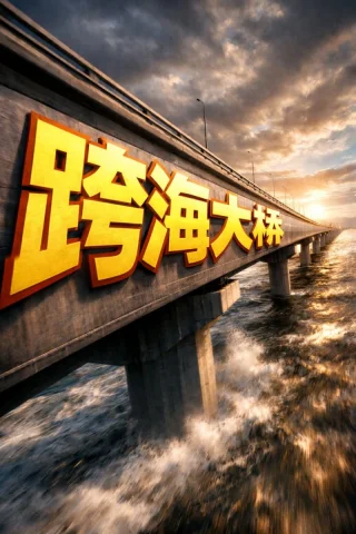 Extreme Perspective Typography Bridge — Nano Banana 2 AI Prompt: ① Scene: side view of a sea-crossing bridge, dramatic cinematic angle. Oversized...