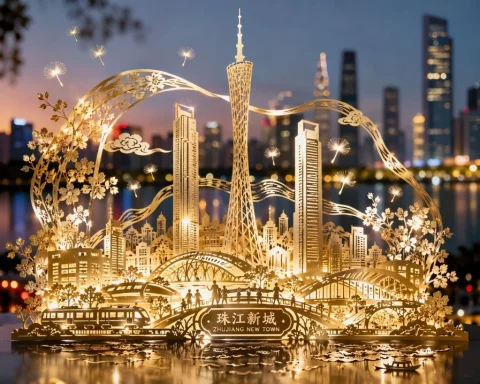 Guangzhou Paper-Cut City Poster — Nano Banana 2 AI Prompt: Paper-cut art inspired by Zhujiang New Town's modern urban landscape — through i...