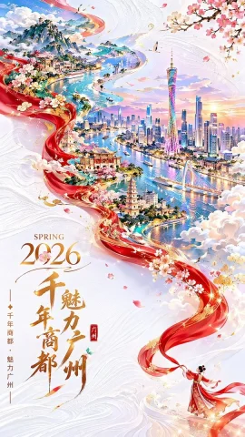 Spring Guangzhou City Poster — Nano Banana 2 AI Prompt: A 2026 city promotional poster — festive yet refined. Double exposure; the compo...