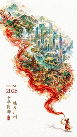 Spring 2026 Guangzhou Promo Poster — Nano Banana 2 AI Prompt: An elegant yet festive 2026 Guangzhou city promotional poster, 9:16 vertical, du...