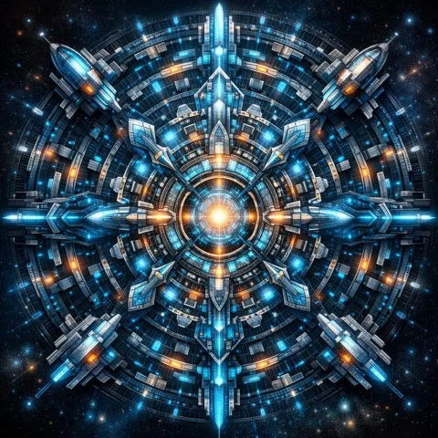 Futuristic Mandala Illustration — Nano Banana 2 AI Prompt: A near-future SF reinterpretation of a mandala, shot with DSLR, 8K resolution, f...
