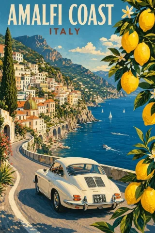 Vintage Amalfi Travel Poster — Nano Banana 2 AI Prompt: Modern pencil illustration of Vintage travel poster illustration of the Amalfi C...