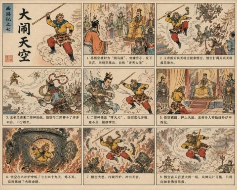 Journey to the West Chinese Comic — Nano Banana 2 AI Prompt: Draw "Havoc in Heaven" (Sun Wukong's rebellion) in the style of a Chinese lianhu...