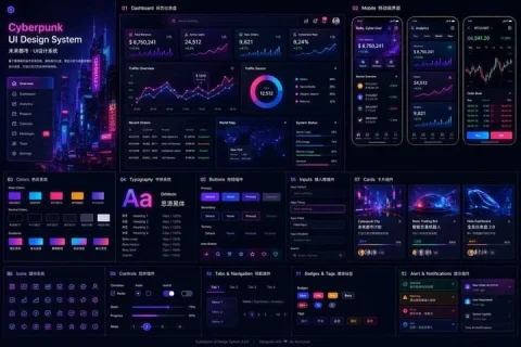Cyberpunk Future City UI Design — Nano Banana 2 AI Prompt: Generate a UI design system in a futuristic city style, inspired by cyberpunk ci...
