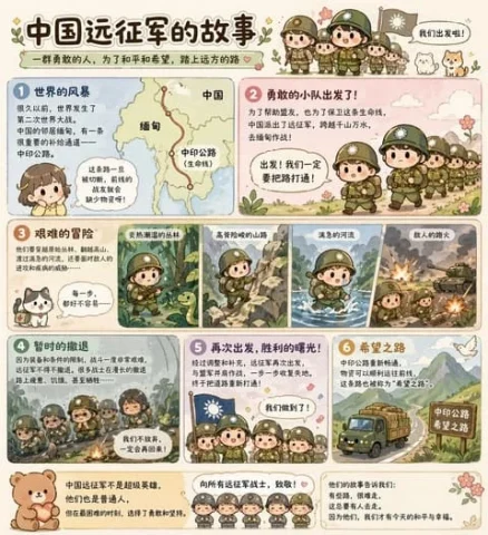Cute Style Story of the Chinese Expeditionary Force — Nano Banana 2 AI Prompt: Tell the historical story of the Chinese Expeditionary Force in a cute style Tel...