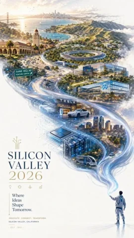 Futuristic Silicon Valley City Promotional Poster — Nano Banana 2 AI Prompt: A refined 2026 Silicon Valley city promotional poster with a futuristic yet eleg...