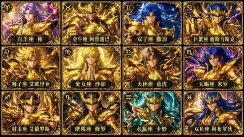Golden Saints 12 Grid Cards — Nano Banana 2 AI Prompt: Generate images of 12 Golden Saints from Saint Seiya in a 12-grid card layout, w...