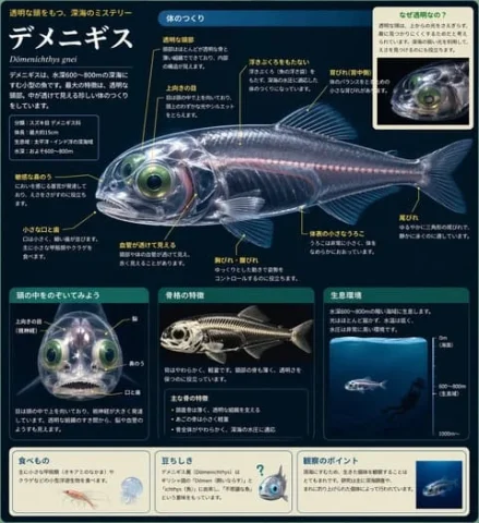Barreleye Fish Anatomy Encyclopedia — Nano Banana 2 AI Prompt: An illustrated encyclopedia page in full color explaining the anatomical structu...