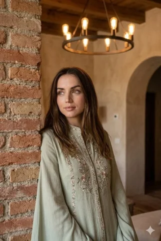 Brick Pillar Sage Green Embroidered Tunic Mediterranean Interior Portrait — Nano Banana 2 AI Prompt: Gemini Nano Banana pro Prompt: Create an image with long, flowing brunette hair...