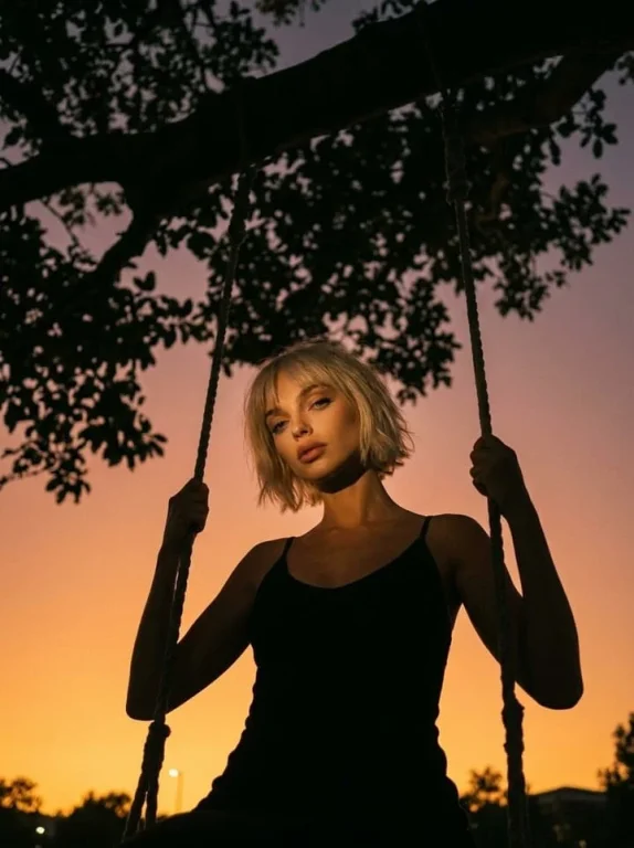 Tree Swing Golden Hour Bob Haircut Black Dress Cinematic Portrait